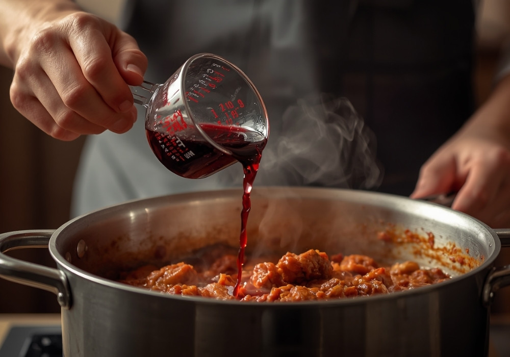 Rotwein zum Kochen wird aus Maßbecher in Topf gegeben